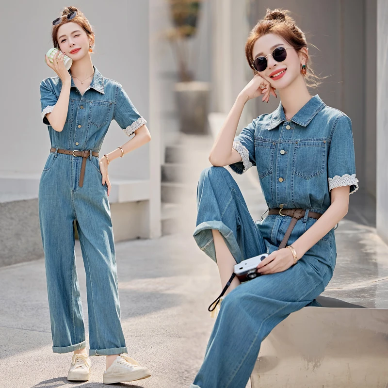 韩系蕾丝拼接牛仔连体裤女2025夏季新款设计感收腰显瘦阔腿连衣裤