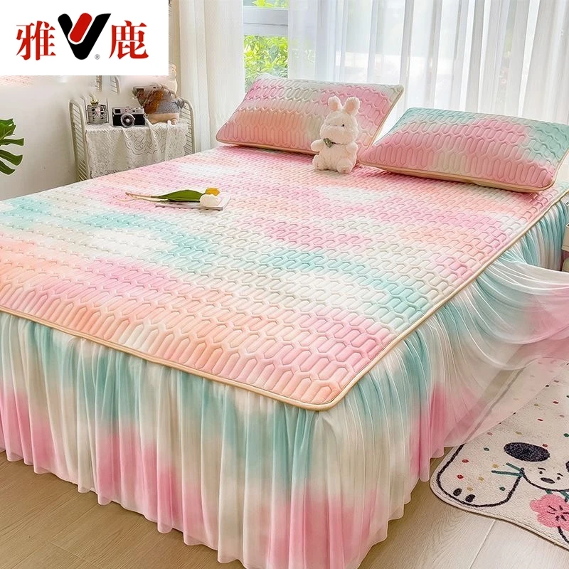 V/雅鹿纯色冰丝乳胶凉席三件套床裙款夏季可水洗空家用调席学生