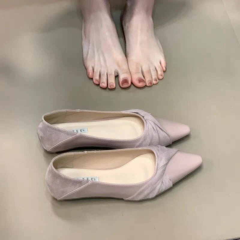 法式尖头通勤浅口拼接防滑夏单鞋女鞋韩版失序混搭风一脚蹬平底鞋