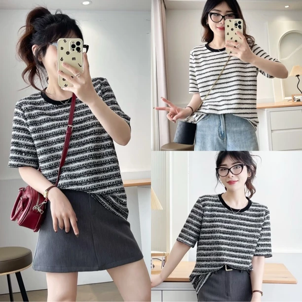 YueBeiLa/月贝拉大码夏季新款圆领小香风洋气短袖T恤时尚宽松半袖