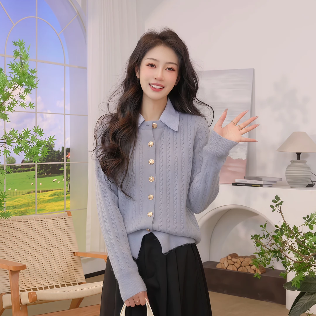 【双11提前购】茵曼25秋季时尚假两件衬衫领针织开衫毛衣开衫外套女