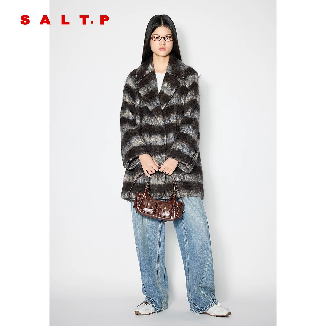 SALT.P可颜复古格纹羊驼毛大衣外套女宽松2025冬季新款