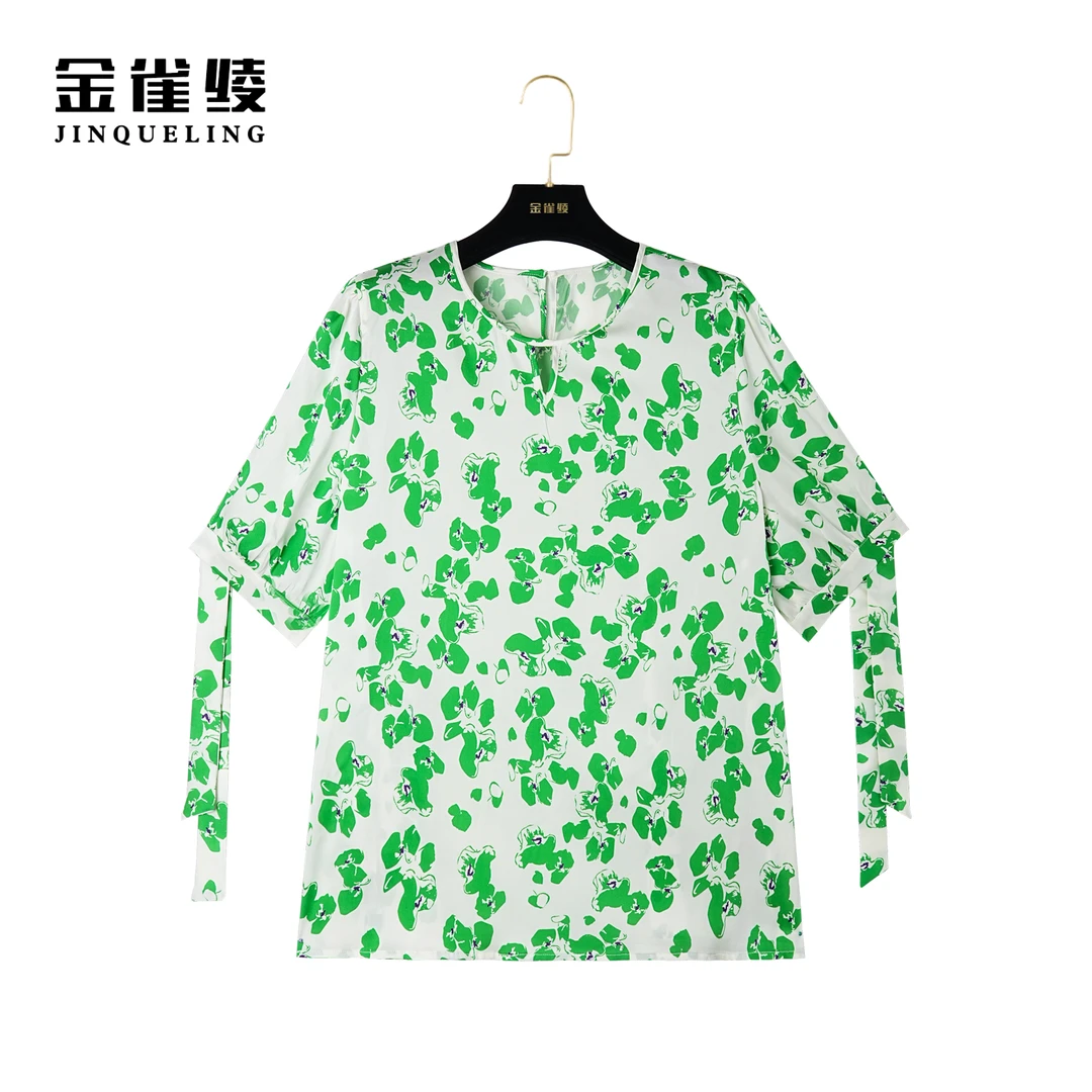 金雀绫【四叶草】桑蚕丝真丝圆领宽松印花休闲绿色小衫AS6100