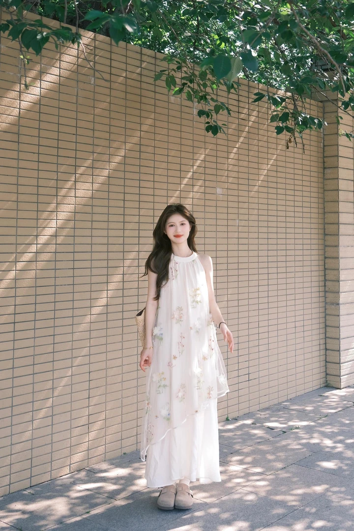法式绝美网纱刺绣挂脖连衣裙女2025夏季新款海边度假白月光初恋裙