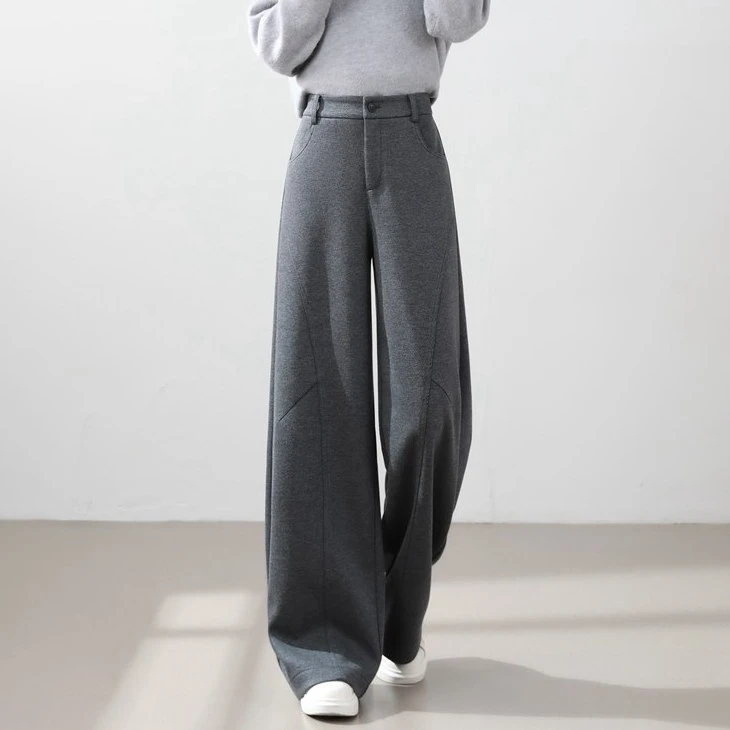 2025冬季新款直筒裤女阔腿裤垂感显高显瘦蚕丝羊毛斜纹分割休闲裤