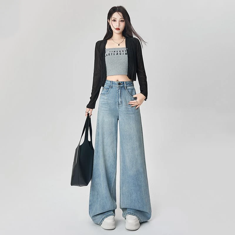 春季新款水洗蓝宽松高腰阔腿牛仔裤2025年时尚百搭垂感拖地长裤女
