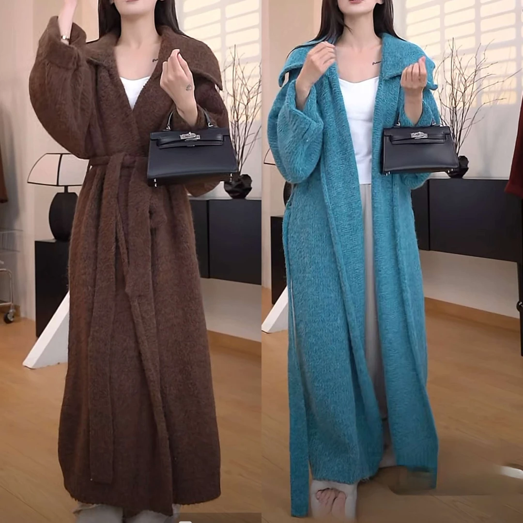 马海毛大衣秋冬软糯加厚毛衣外套女中长款针织开衫宽松慵懒松弛感