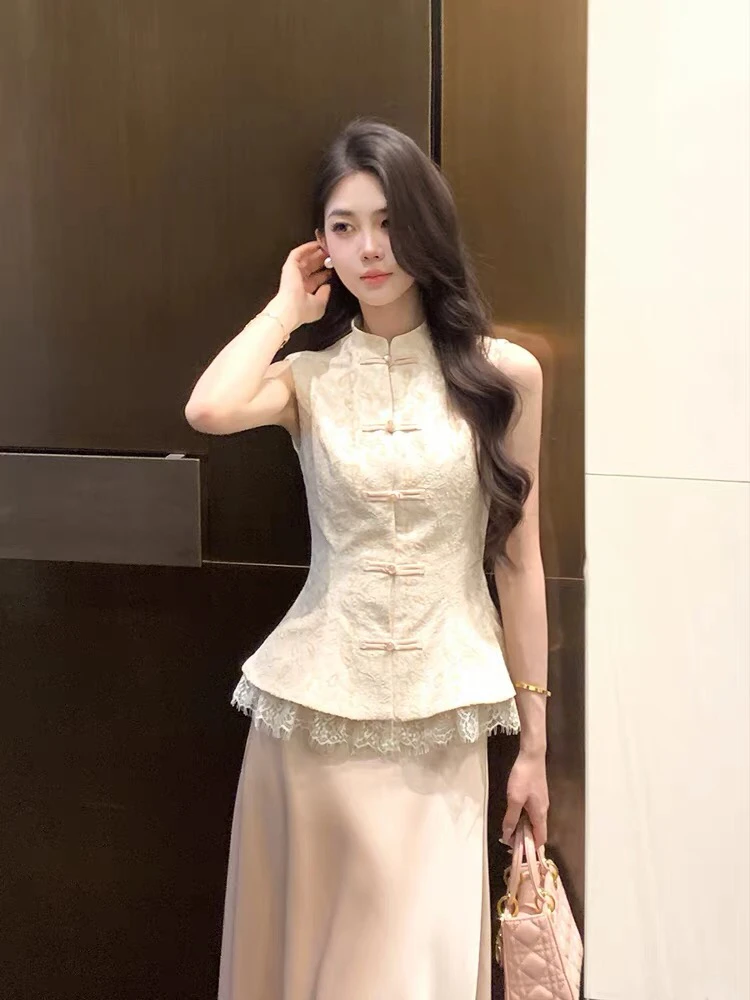 婉约动人夏季收腰显瘦新中式国风无袖蕾丝上衣+缎面半身裙套装女