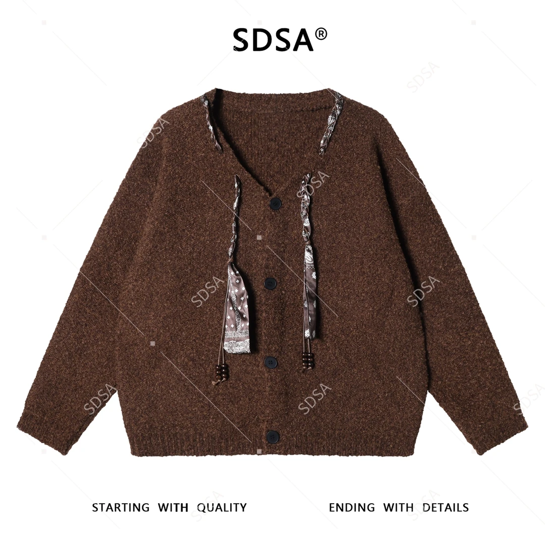 SDSA男士秋冬新款痞帅男装美式复古丝巾纽扣开衫V领毛衣百搭时尚