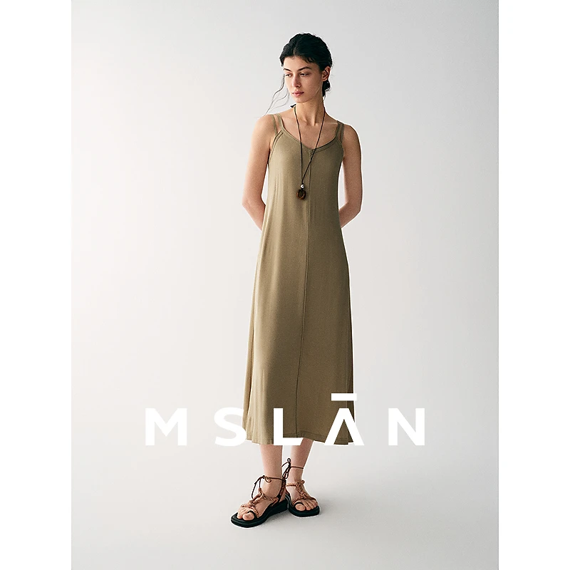 MSLAN【商场同款】夏季新款简约大气双肩休闲复古带长款衣裙MGBT334