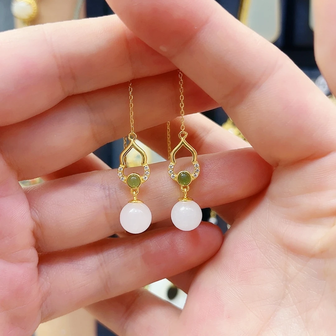 和田玉银S925镀金镶嵌耳饰