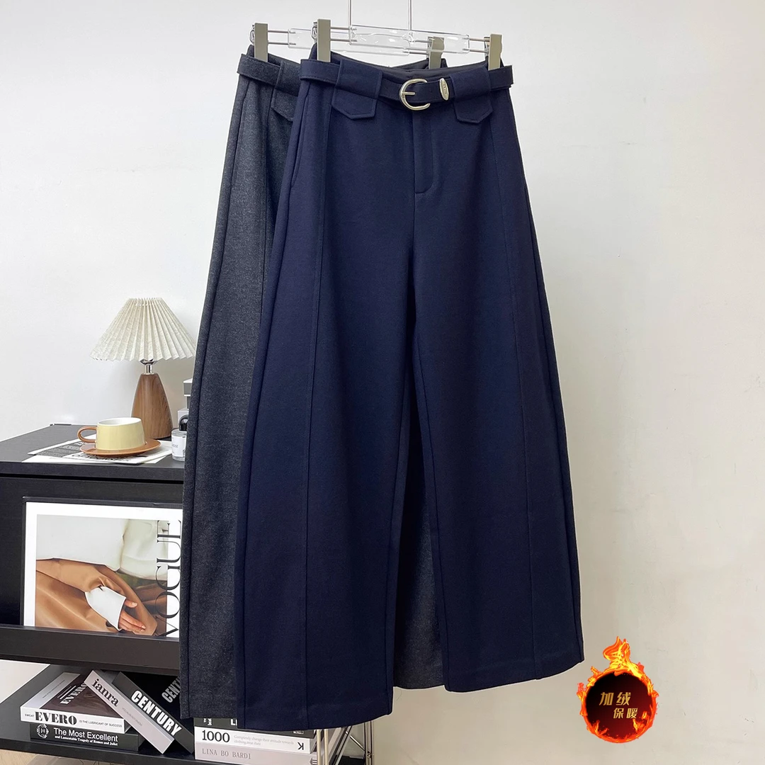 高级慵懒风休闲裤女2025新款毛呢长裤高腰直筒裤宽松阔腿弯刀裤子