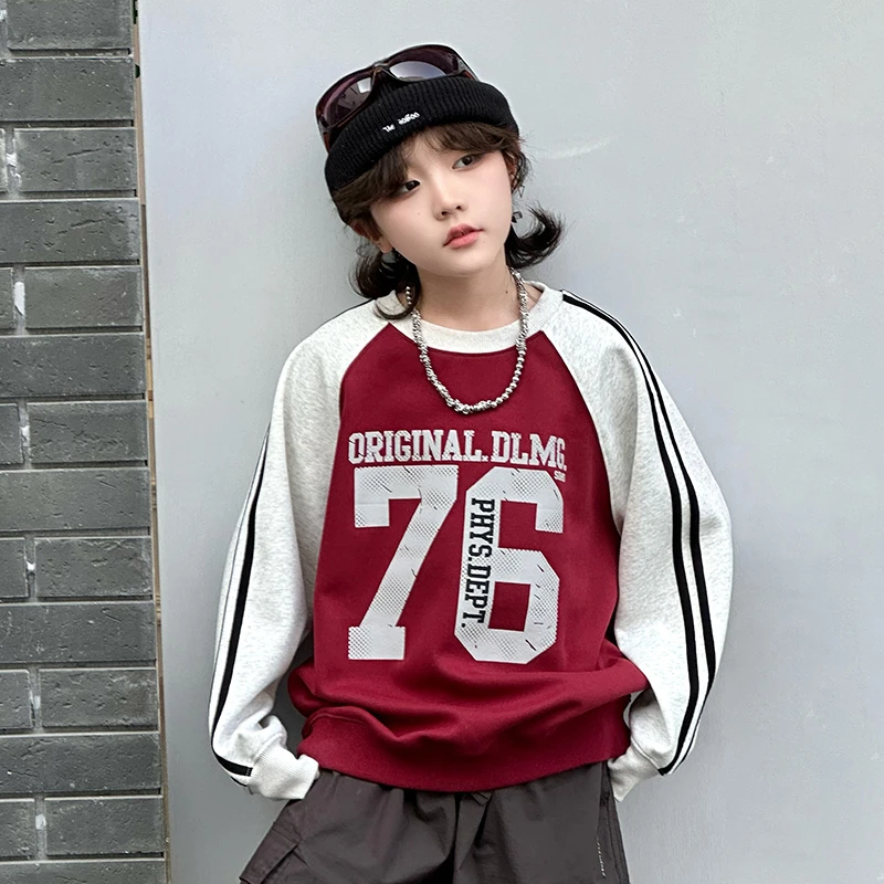 小众童装插肩袖卫衣2025新款男大童秋装美式薄款圆领上衣印花外套