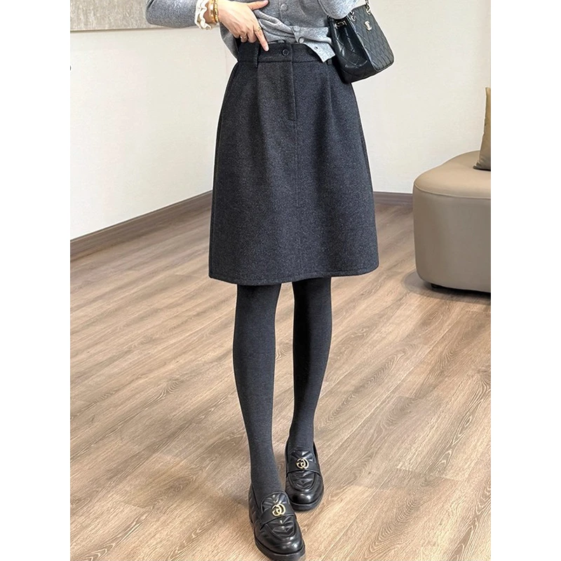 耶古韩系灰色毛呢半身裙女秋冬新款高腰设计感立体捏褶花苞中裙子