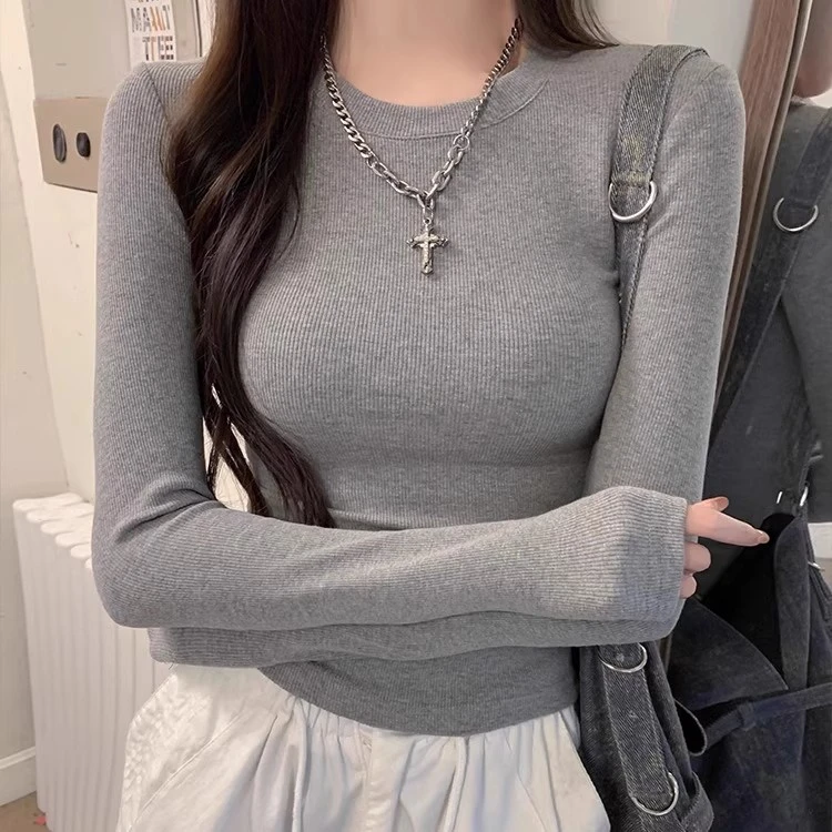 辣妹掐腰正肩短款t恤长袖女磨毛秋冬修身高腰打底衫紧身圆领上衣