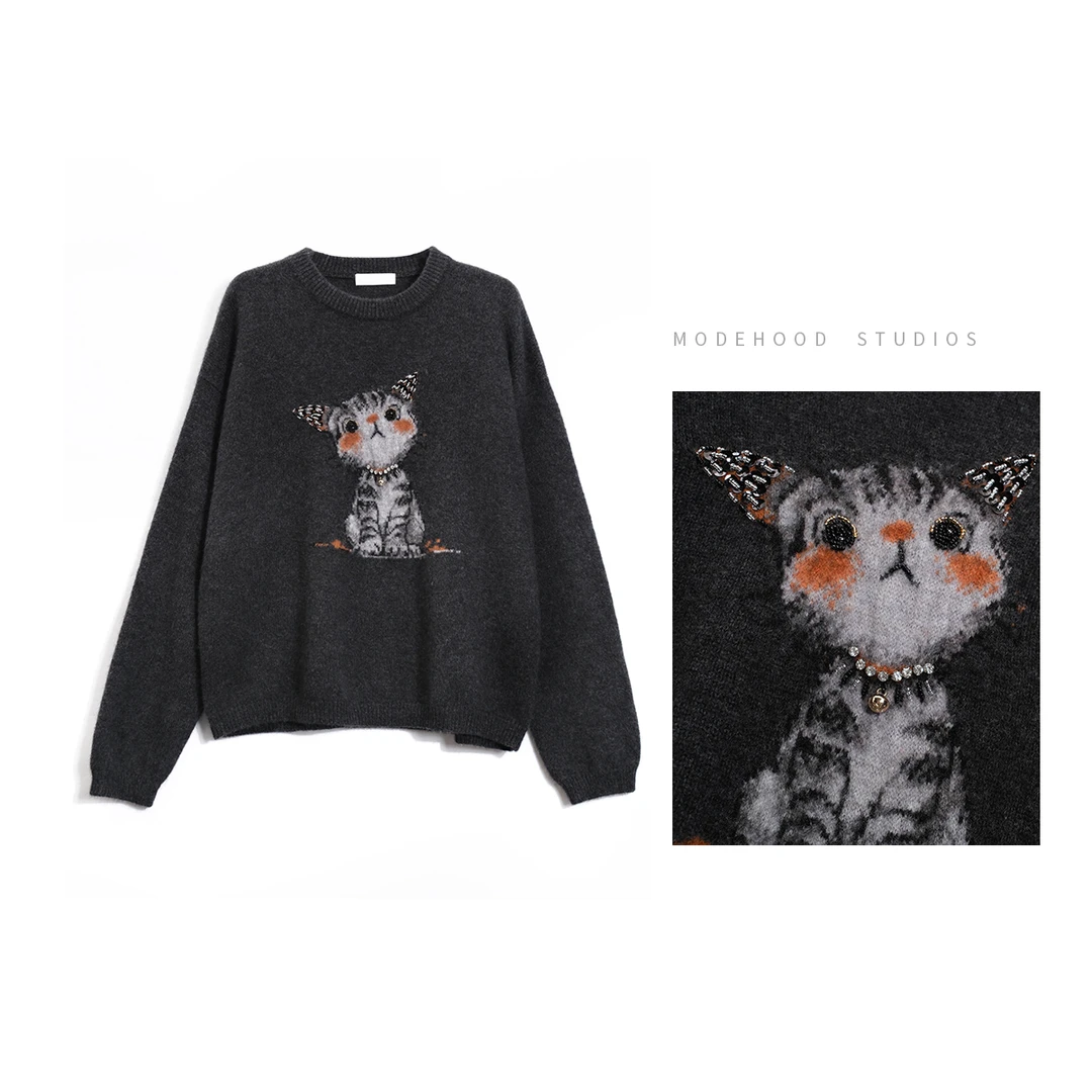 MODEHOOD伊凡【猫咪】2025冬款羊绒动物提花套头羊绒衫QZ-239