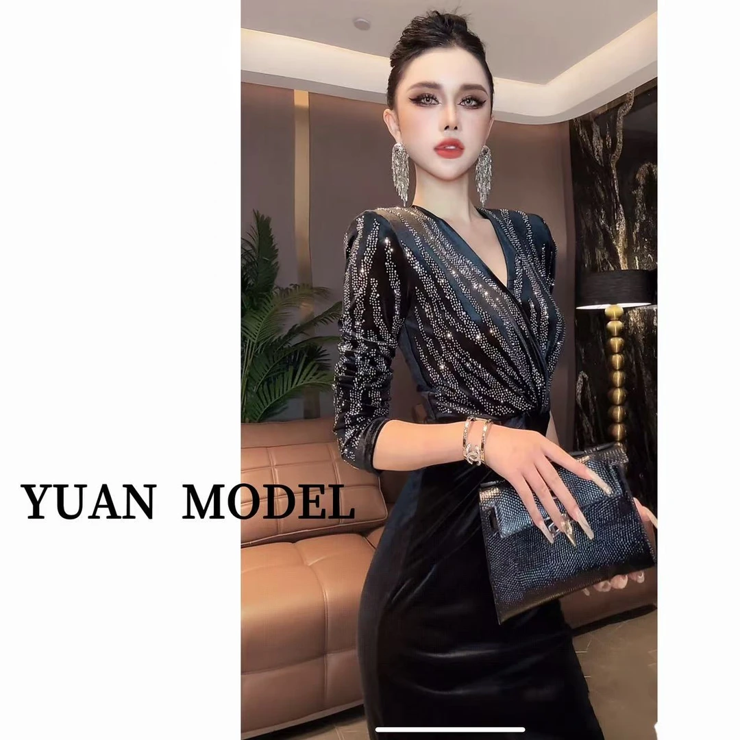 YUAN MODEL/媛老板-【钻石女王】高端气质烫钻晚宴礼服连衣裙091946