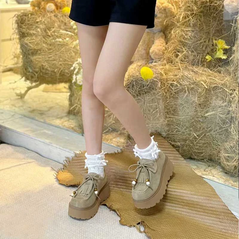 矮子乐全包勃肯鞋女2025秋季新款松糕厚底增高乐福鞋复古系带单鞋