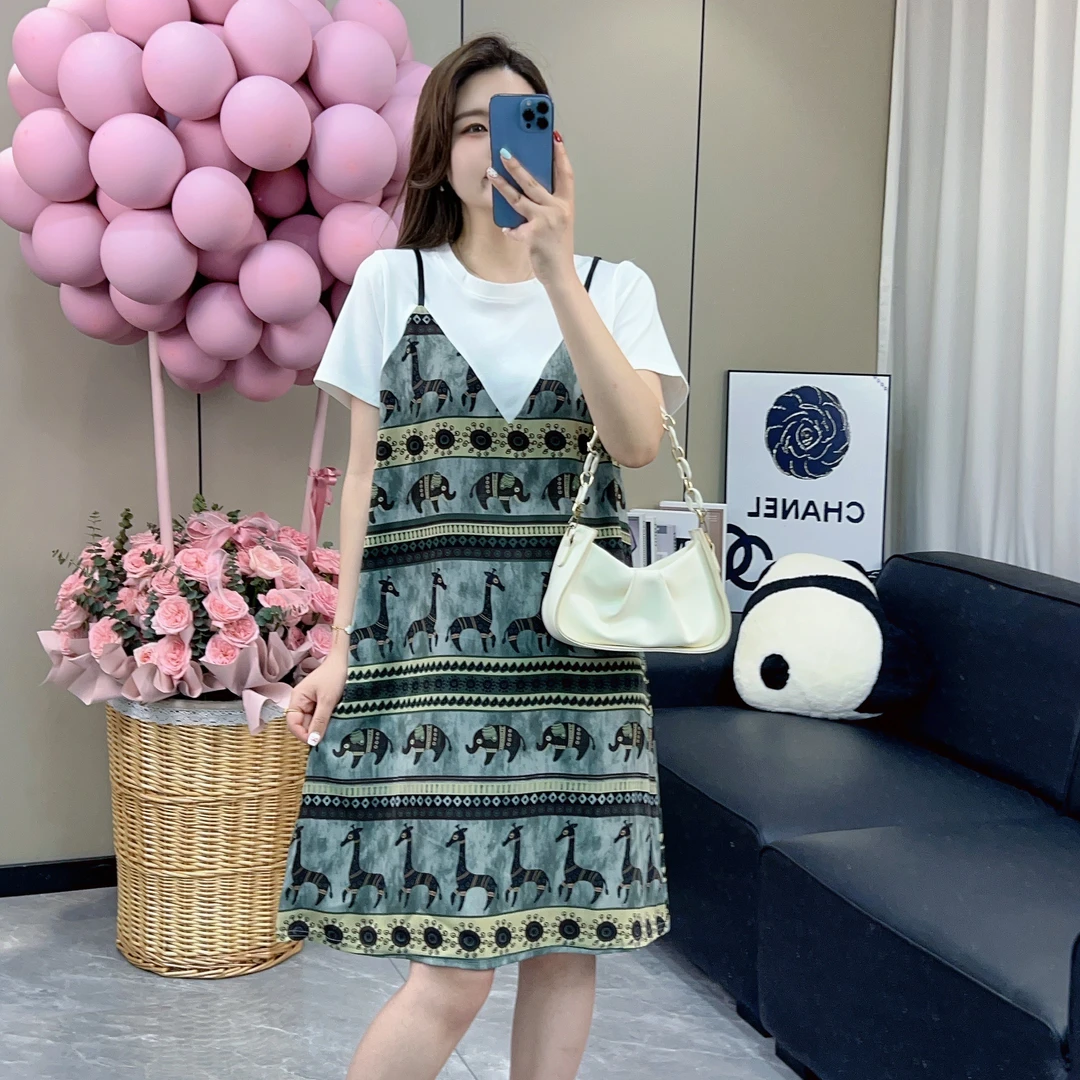 复古宽松显瘦气质设计感拼接假两件连衣裙女夏季裙子中长款碎花裙