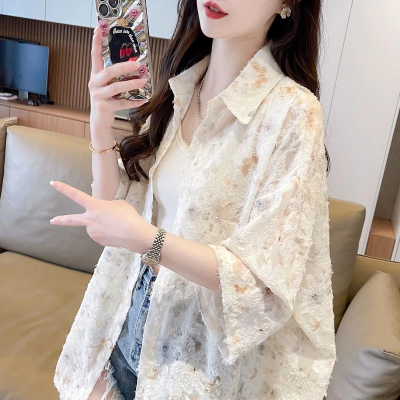 温柔风超仙衬衣夏季薄款外套正肩短袖衬衫防晒衣独特别致小众上衣