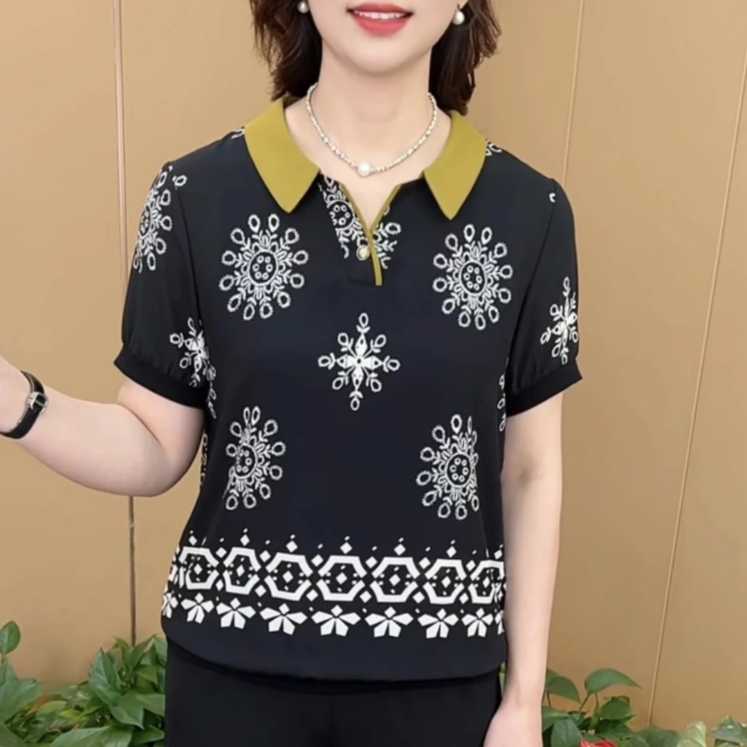 夏季新款时尚翻领印花气质妈妈装宽松显瘦休闲薄款短袖上衣K162