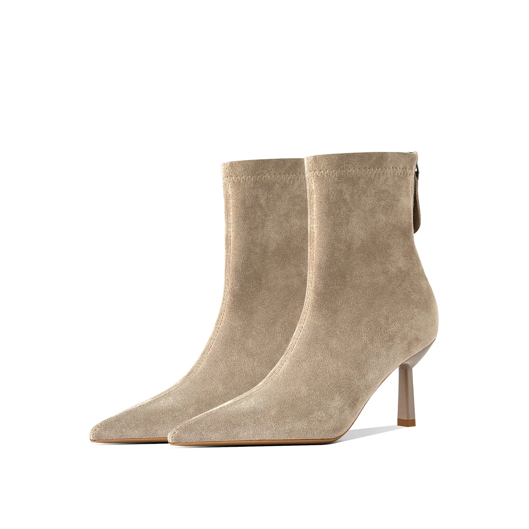 法式小踝靴尖头绒面高跟弹力瘦瘦靴女气质后拉链猫跟细跟短靴袜靴