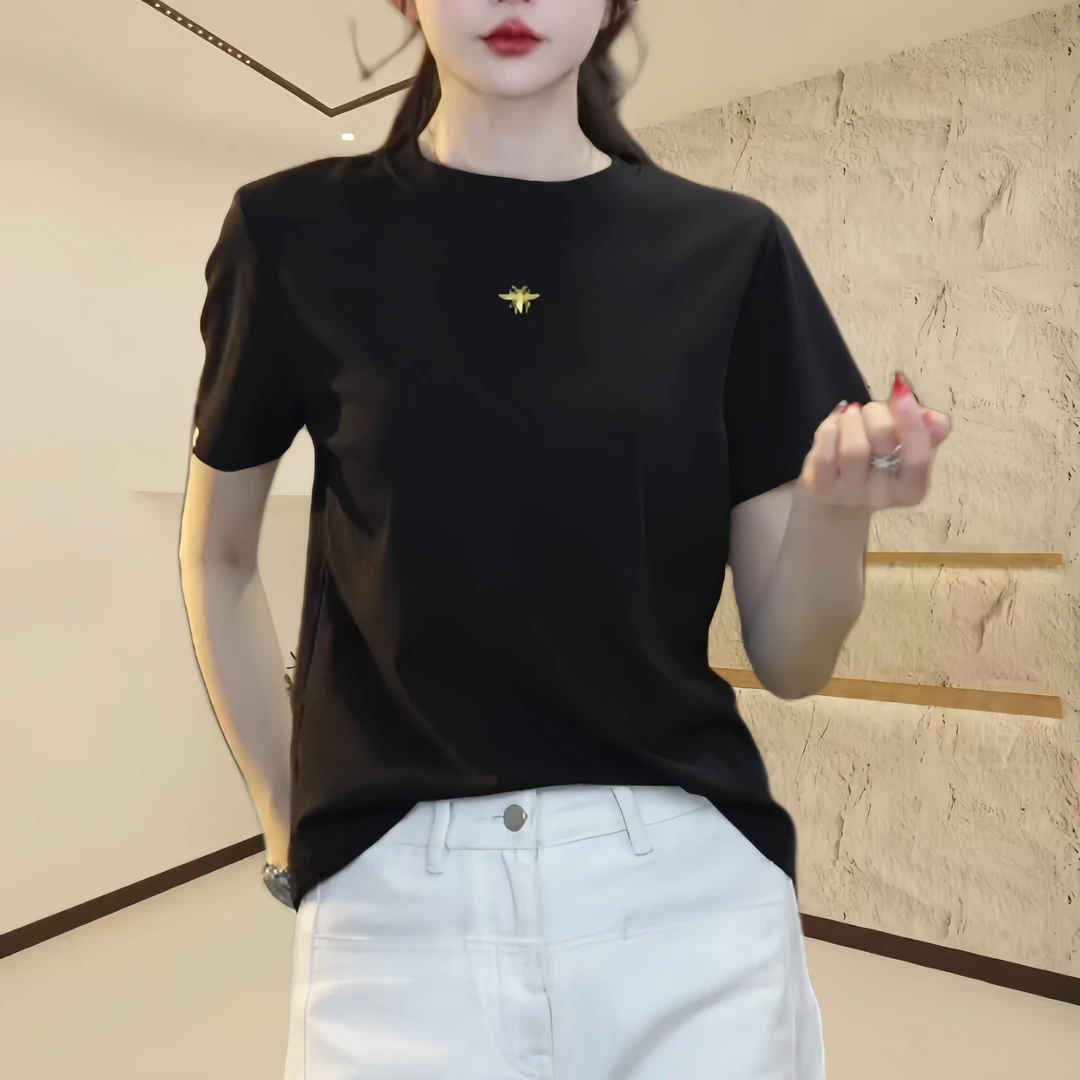小蜜蜂刺绣宽松休闲百搭圆领T恤女2025早春新款简约时尚显瘦上衣