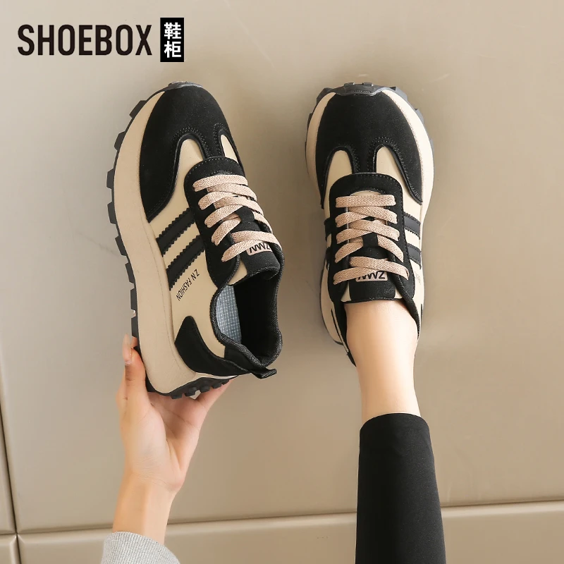SHOEBOX鞋柜皮面炸街阿甘鞋女内增高春季厚底德训鞋女2025新款