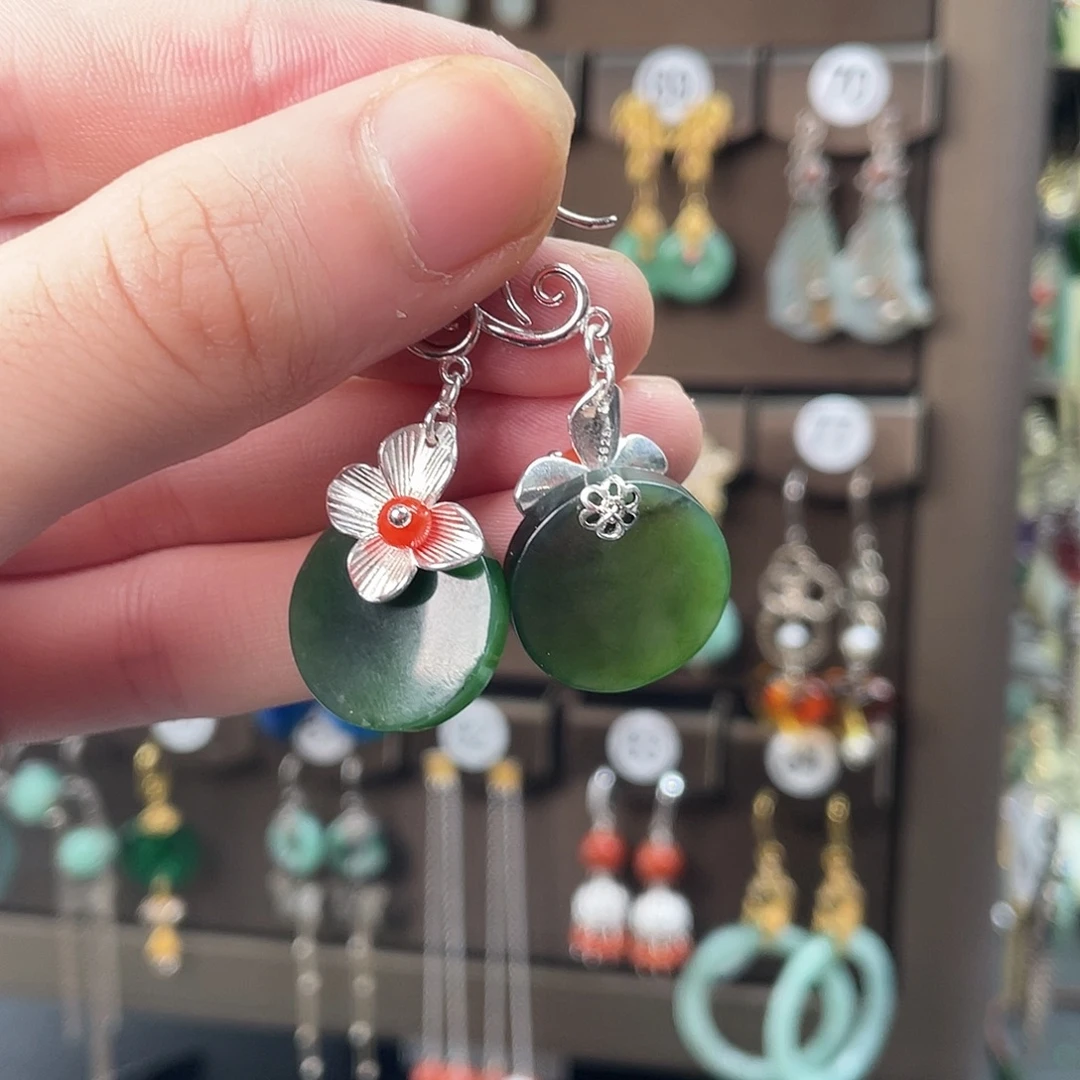 和田玉银S925镶嵌耳饰094jh