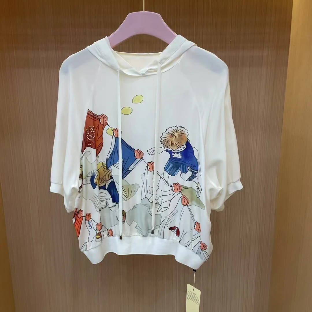 【LJWM】桑蚕丝连帽款短袖上衣 D0901