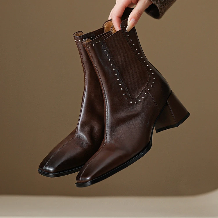 头层牛皮6cm～方头高跟复古百搭弹力短靴显瘦气质粗跟切尔西靴短筒