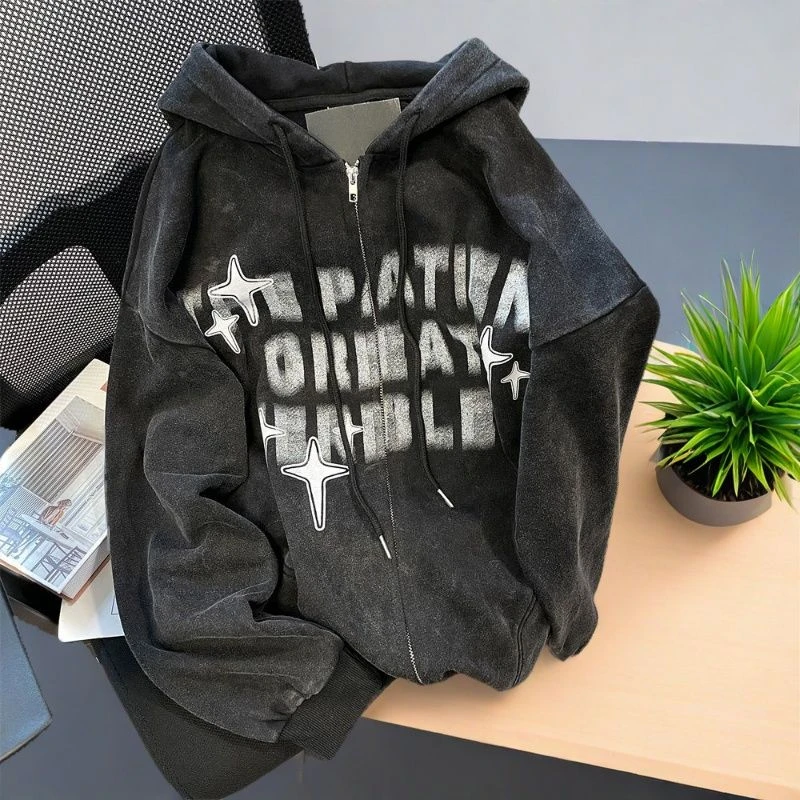 日韩复古嘻哈风模糊字母印花连帽卫衣男女宽松水洗做旧情侣外套秋