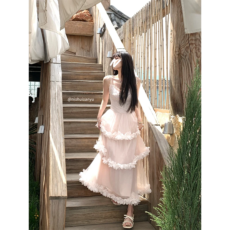 溺水三鱼【春光缪斯】夏季法式设计感氛围感网纱蛋糕裙吊带连衣裙