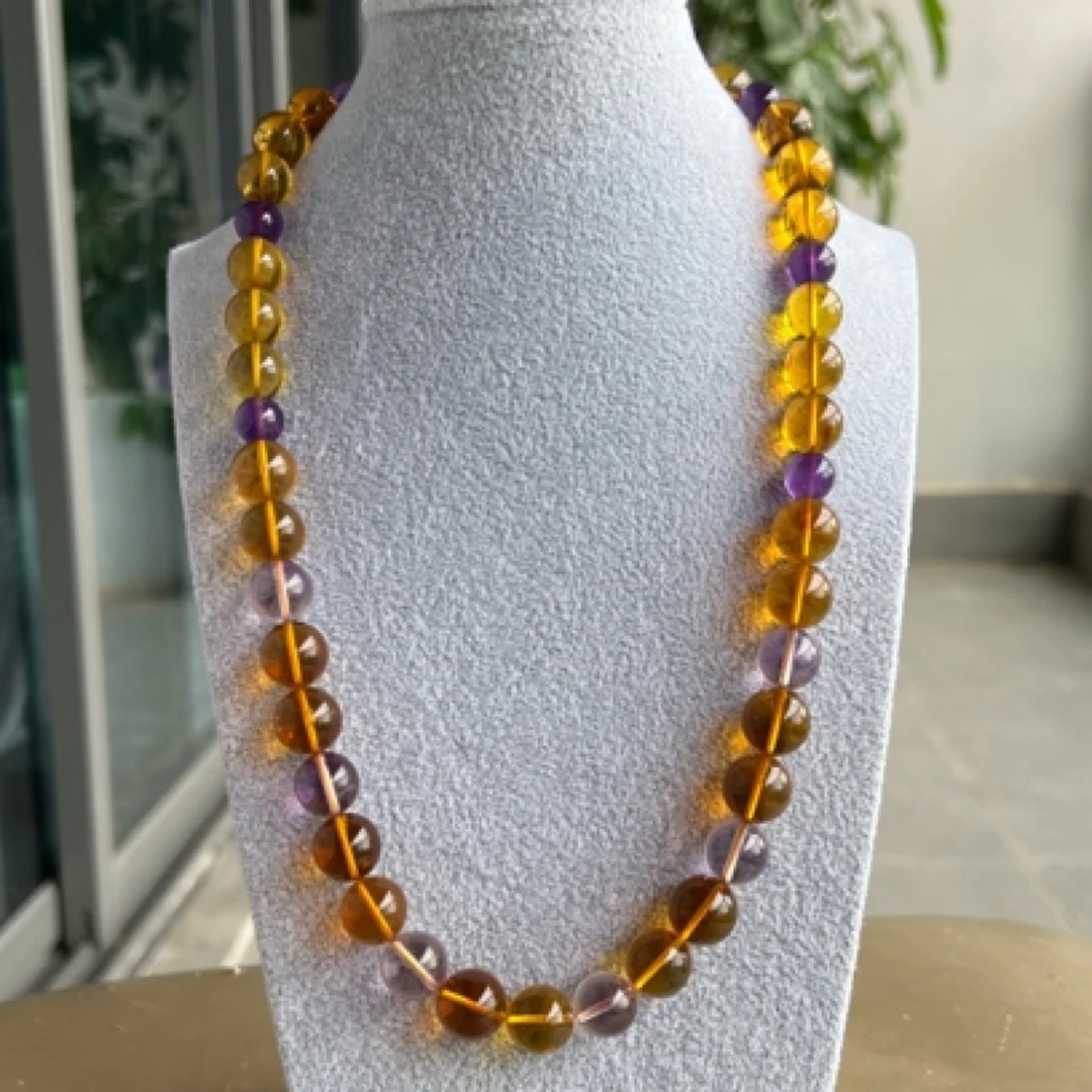 缅甸琥珀巴西紫水晶13mm珠链