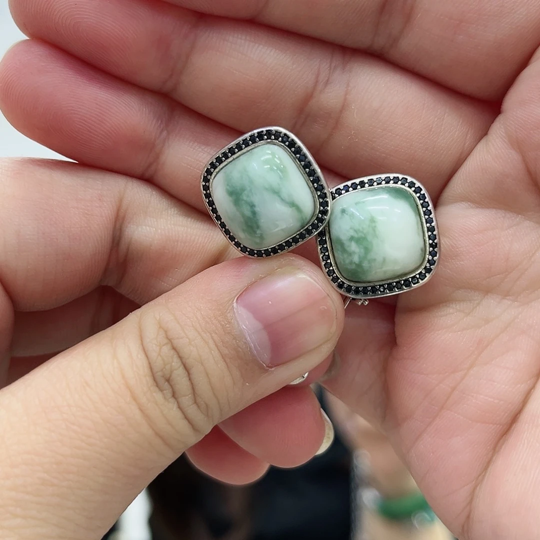 透闪石-蛇纹石玉耳饰银S925镶嵌