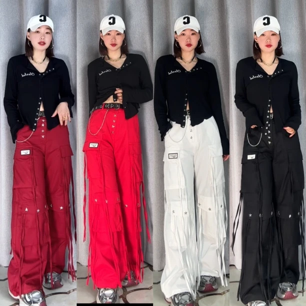 新星铆钉工装裤休闲裤嘻哈时尚阔腿直筒宽松2595