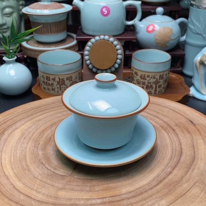 陶摆件汝瓷，盖碗，壶，杯天平