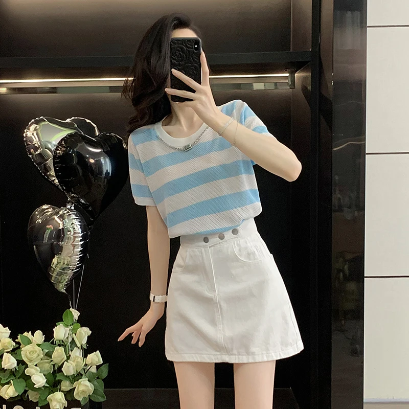 韩版夏季时尚套装女小个子条纹短袖搭配显瘦半身短裙减龄两件套
