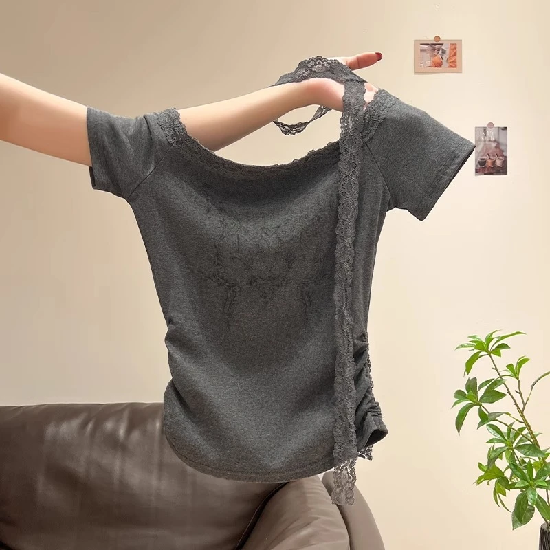 灰色纯欲蕾丝拼接抽褶收腰修身小上衣夏季新款美式复古短袖t恤女