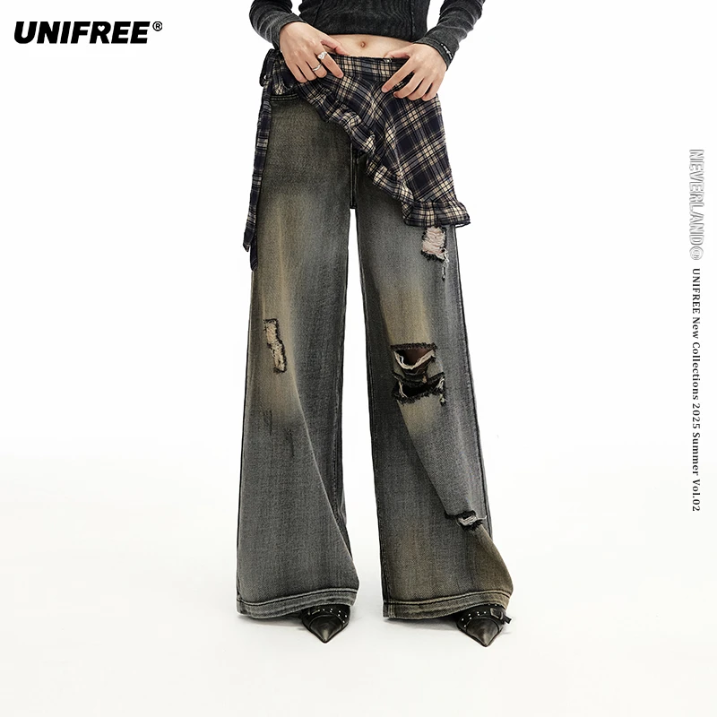 UNIFREE灰色做旧脏染牛仔裤新款美式辣妹破洞宽松直筒阔腿拖地裤