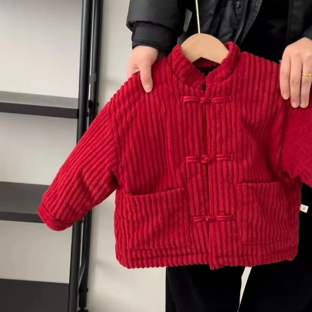 男宝宝唐装拜年服冬季儿童国风灯芯绒夹棉外套男童新年红色上衣潮