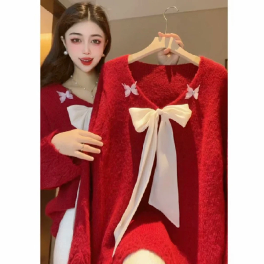 新年战袍蝴蝶结V领红色毛衣女秋冬中长款针织衫软糯上衣