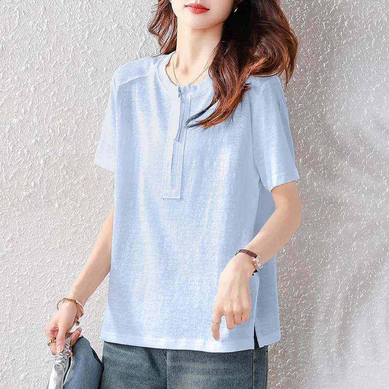 洋气女装纯色短袖半拉炼T恤女夏季微胖百搭小衫宽松遮肚慵懒上衣
