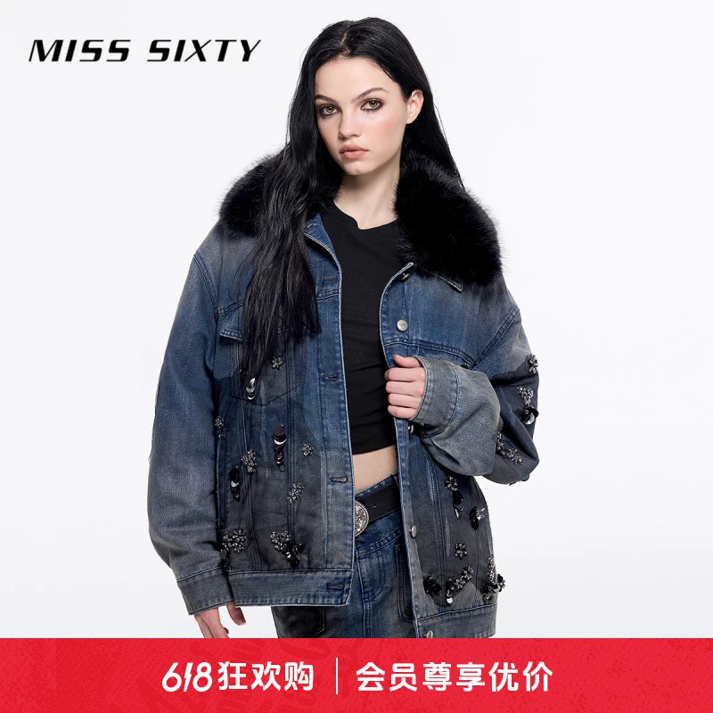 Miss Sixty冬季新款牛仔外套女可拆毛领复古洗水重工钉珠