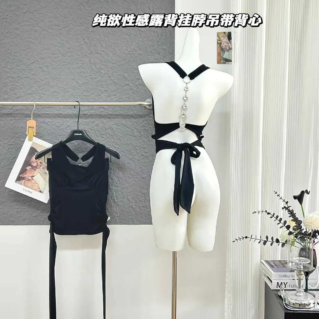 美背狙击 挂脖绑带设计性感露背吊带修身无袖纯欲短上衣