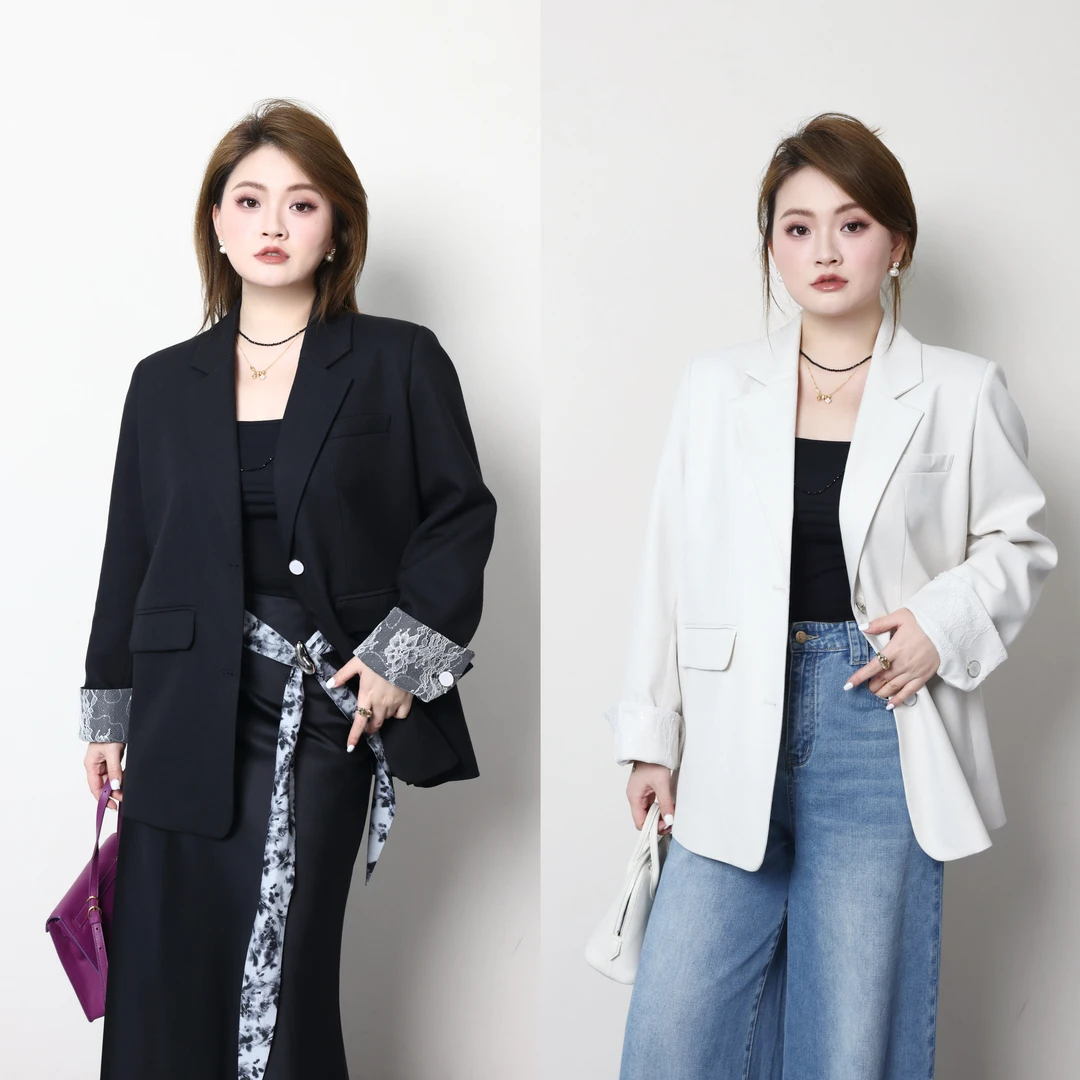 QC杨杨【缪斯气场】微胖大码女春设计感蕾丝拼接西装外套ZY501K02