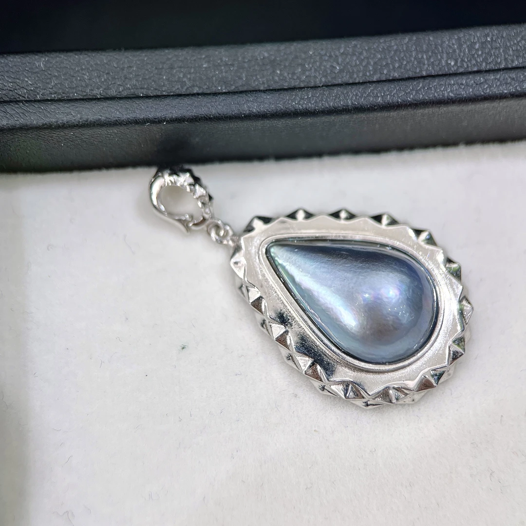 天然海水马贝菱格设计款吊坠 S925银 12-13MM R015