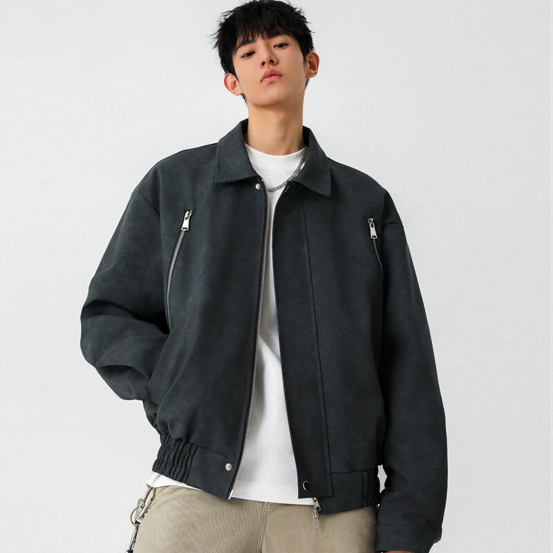 美式翻领飞行夹克外套男士春秋季拉链装饰宽松潮流复古青年上衣服