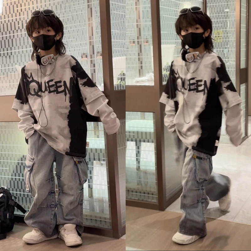 乐乐家儿童新款中大童套头卫衣假两件重工高级印花工艺长袖T恤