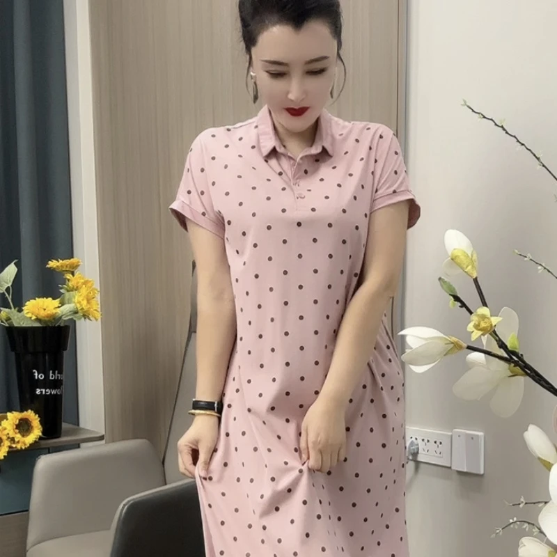 6600长裙高腰吊带显瘦中长款夏季短袖大码连衣裙波点时尚